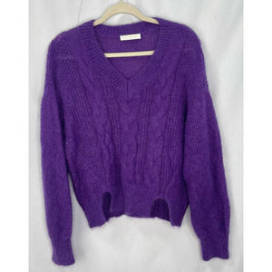 Chloe Mohair Wool Sweater Purple V Neck Cable Knit Balloon Sleeve size Medium